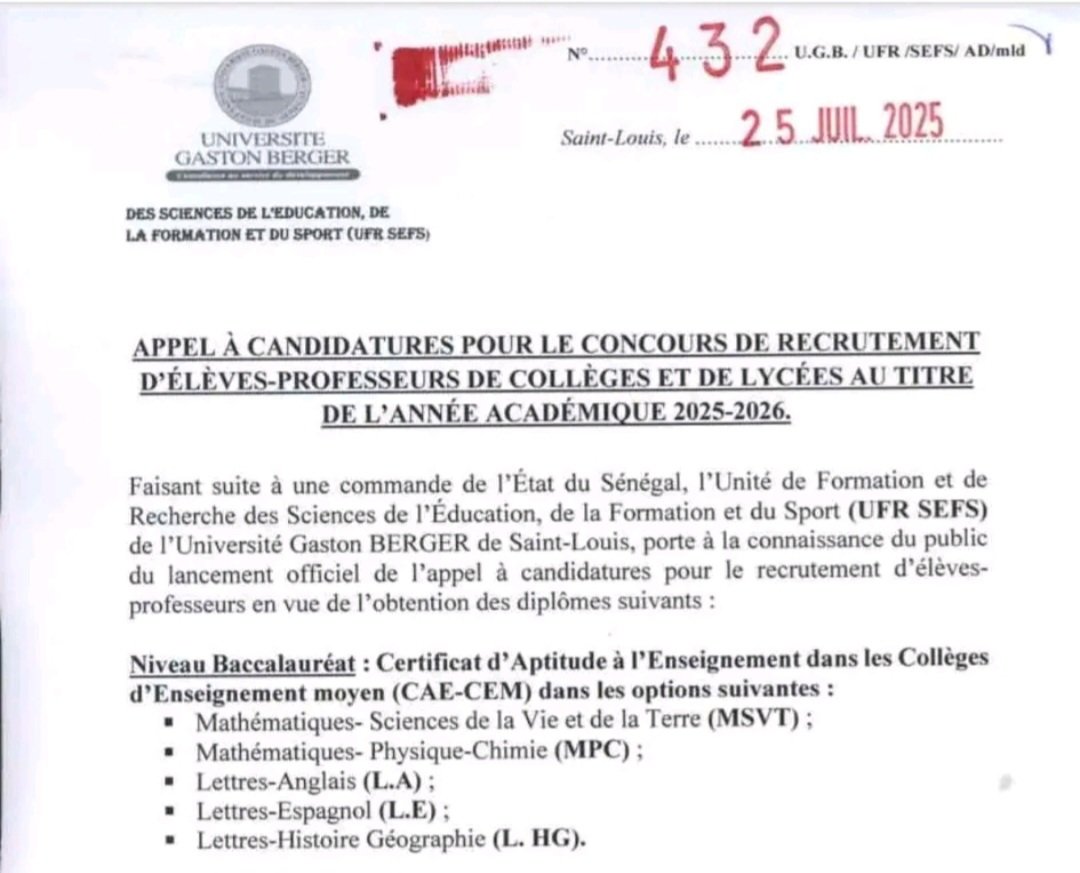 Appel a candidature pour le concours de recrutement deleves professeur