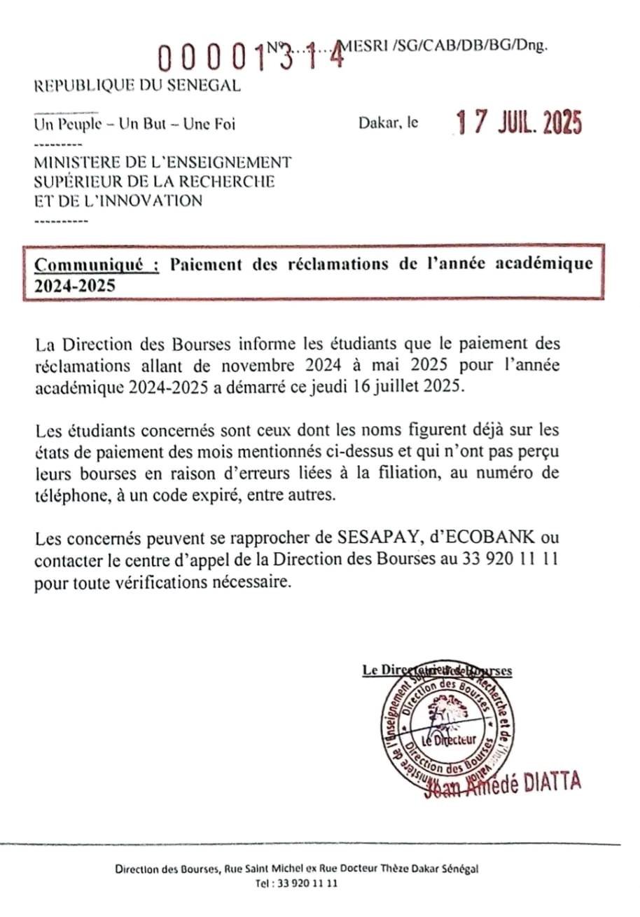 Bourse : paiement des réclamations de l'année académique 2024-2025