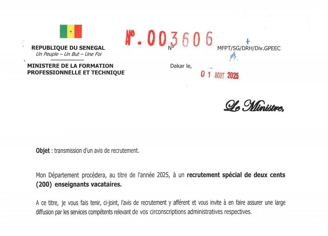 Avis Recrutement special de 200 enseignants vacataires SENEGAL