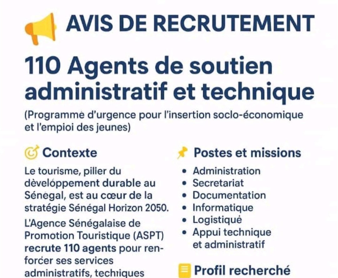 Recrutement de 110 Agents a lAgence Senegalaise de Promotion Touristique ASPT