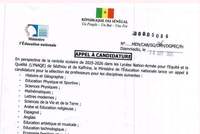 Appel a Candidature Recrutement de plusieurs Professeurs a Sedhiou et Kaffrine 1