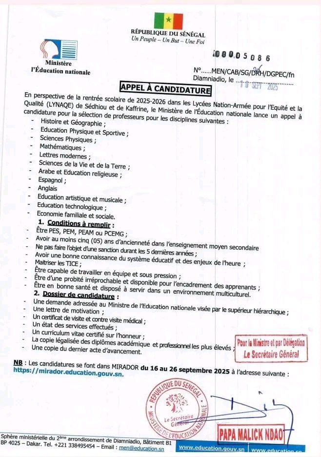 Appel a Candidature Recrutement de plusieurs Professeurs a Sedhiou et Kaffrine