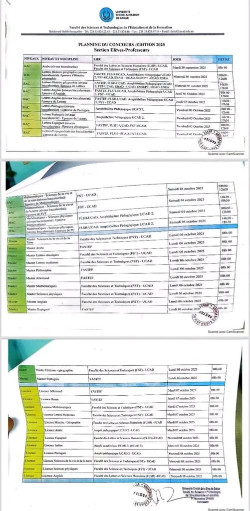Concours FASTEF 2025 – Calendrier des epreuves ecrites