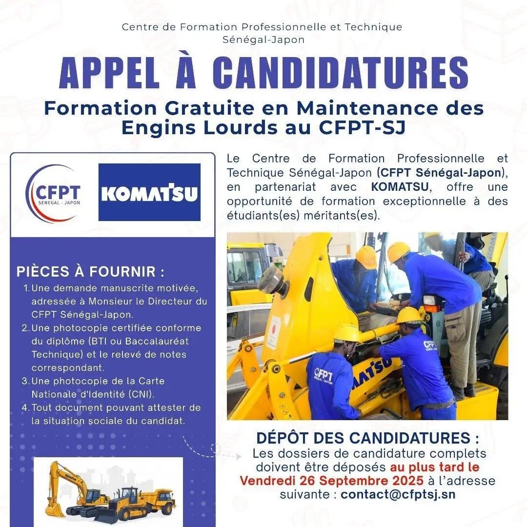 Formation en Maintenance des Engins Lourds – 100 Financee CFPT Senegal Japon