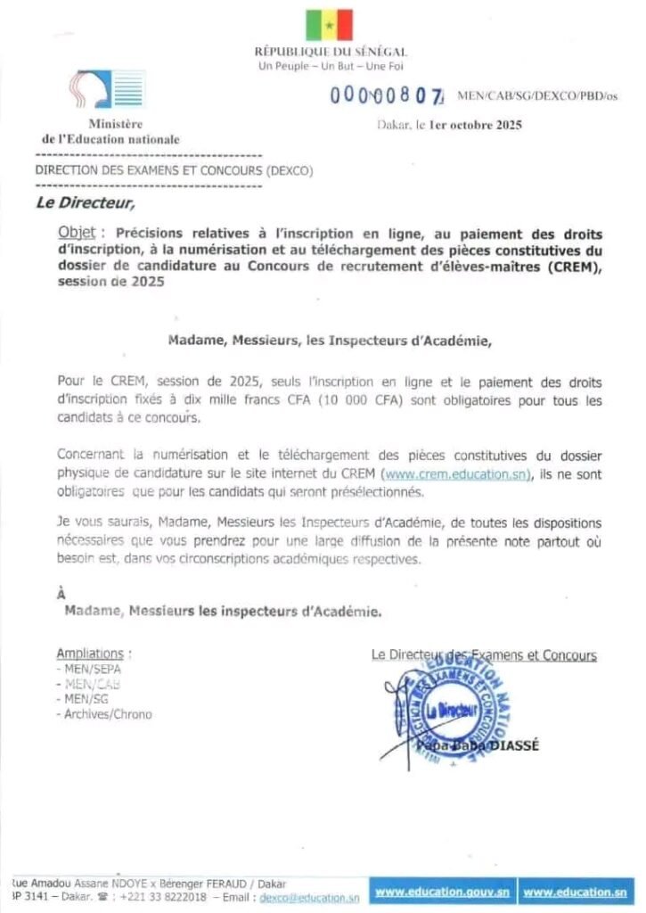 Concours de recrutement d’élèves-maîtres (CREM) 2025 : précisions sur l’inscription et le dépôt des dossiers 2 1759338074559