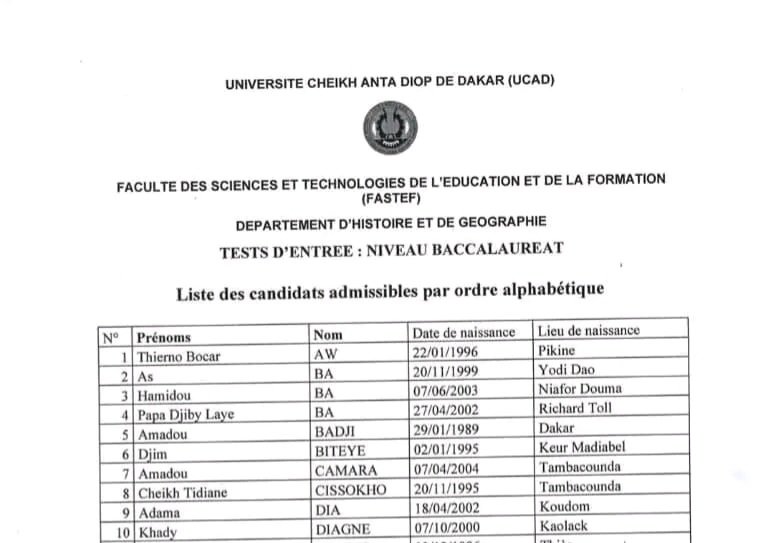 liste des candidats admis admissibles au niveau BAC option Histoire Geographie