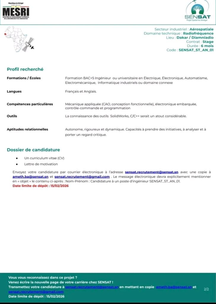 SENSAT SÉNÉGAL recrute plusieurs stagiaires de fin d’études au Sénégal 11 1769161163769