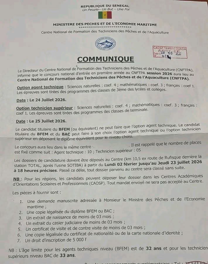 Concours d’entrée 2026 au Centre National de Formation des Techniciens des Pêches et de l'Aquaculture (CNFTPA) 2 FB IMG 1771845337842