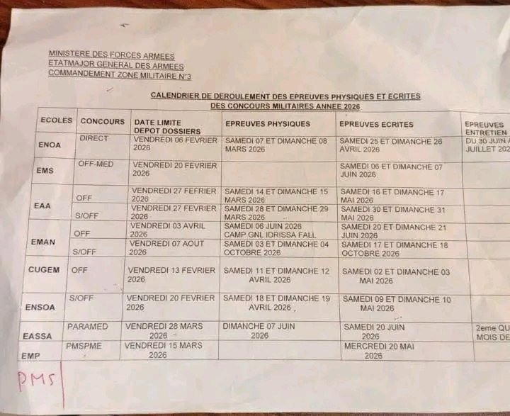 SENEGAL : Calendrier de déroulement des épreuves physiques et écrites des concours militaires 2026 2 1775567540340