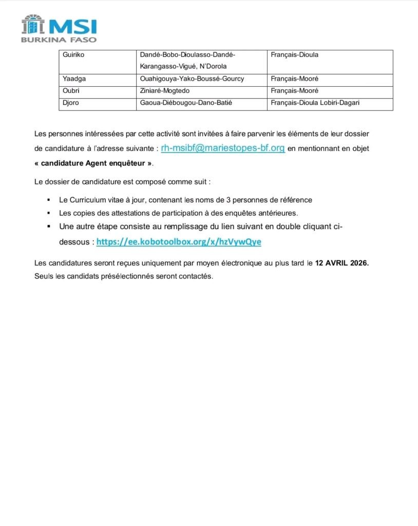 Burkina Faso : ONG MSI recrute des Agents Enquêteurs 3 1775572793867