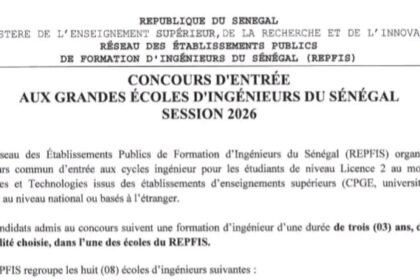 Concours dentree aux grandes ecoles dingenieurs du senegal session 2026