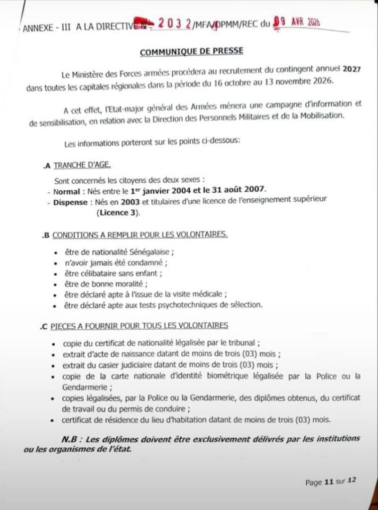Armée sénégalaise : Recrutement du contingent annuel 2027 2 IMG 20260409 WA0018
