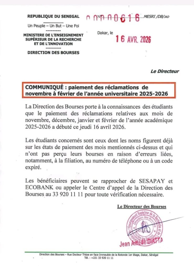 Communiqué : Paiement des réclamations de bourses (novembre à février 2025-2026) 2 IMG 20260416 WA0005