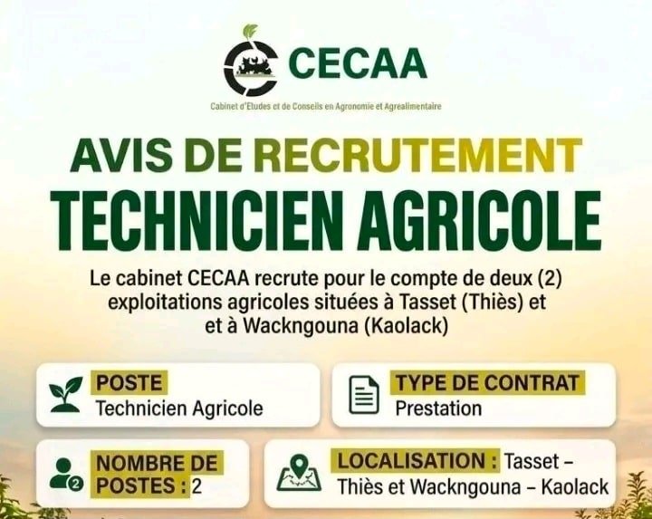 Le cabinet CECAA recrute 02 Techniciens Agricoles 1 Le cabinet CECAA recrute 02 Techniciens Agricoles