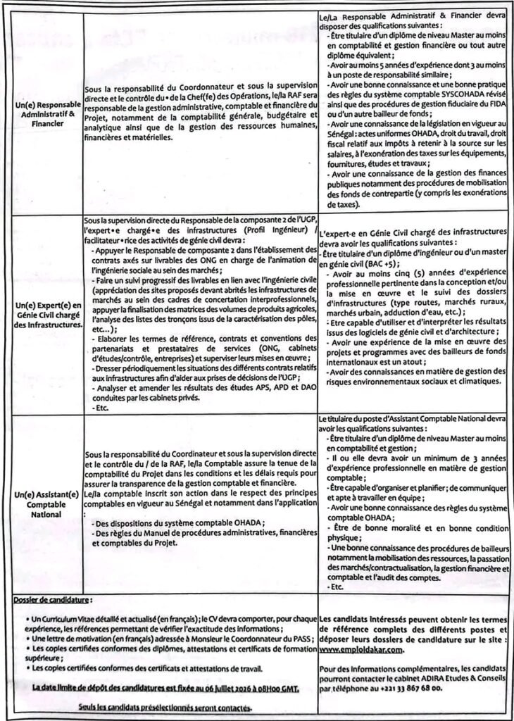 Projet PASS-SN : Le Ministère de l’Agriculture recrute plusieurs profils, Sénégal 2026 3 1782129964945
