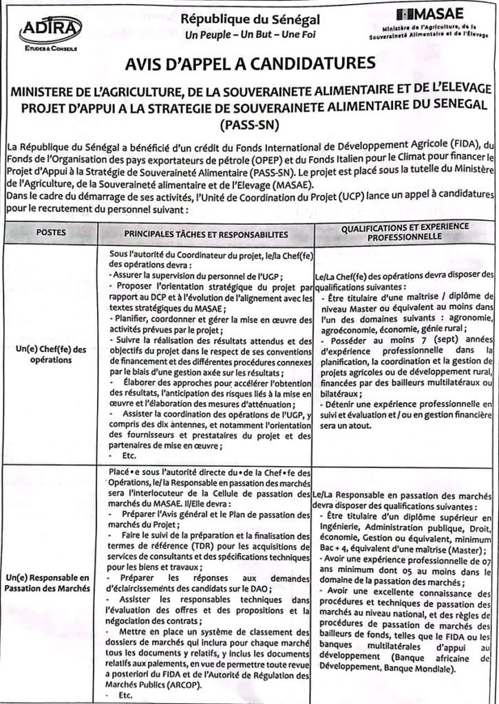 Projet PASS-SN : Le Ministère de l’Agriculture recrute plusieurs profils, Sénégal 2026 2 1782129987799